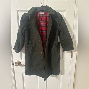 Kids Dark Green Wool Coat with Red Tartan Liner